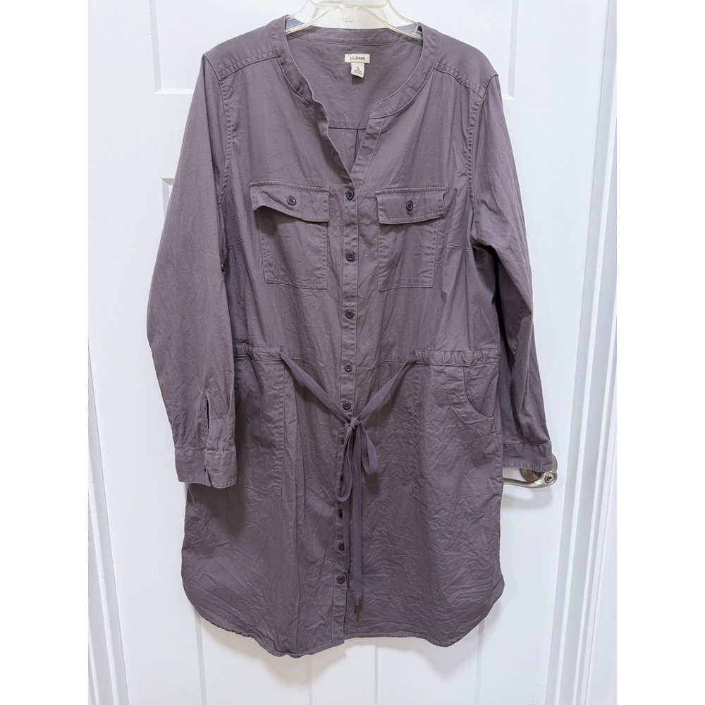 LL Bean Womens XL Gray Utility Shirt Dress Drawstring Waist Roll Tab Sleeve